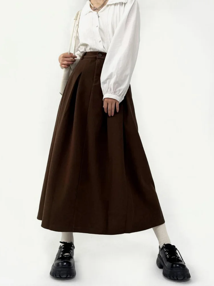 DEEPTOWN Long Pleated Skirt Women Black Vintage High Waist A-line Korean Style Midi School Skirt Autumn Casual Fashion Female