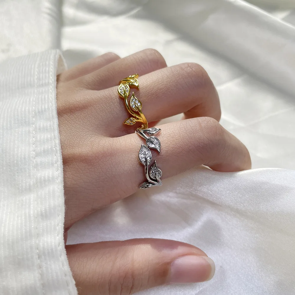 

PANJBJ 925 Sterling Silver Zircon Leaf Ring for Women Girl Adjustable Sweet Irregular Jewelry Dropshippipng Birthday Gift