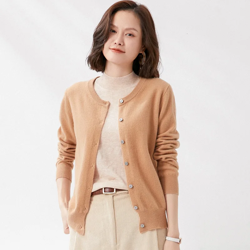 Full Wool Spring and Autumn Thin Wool Knitted Women's Cardigan Long Sleeve Solid Color Base Sweater Coat in Stock