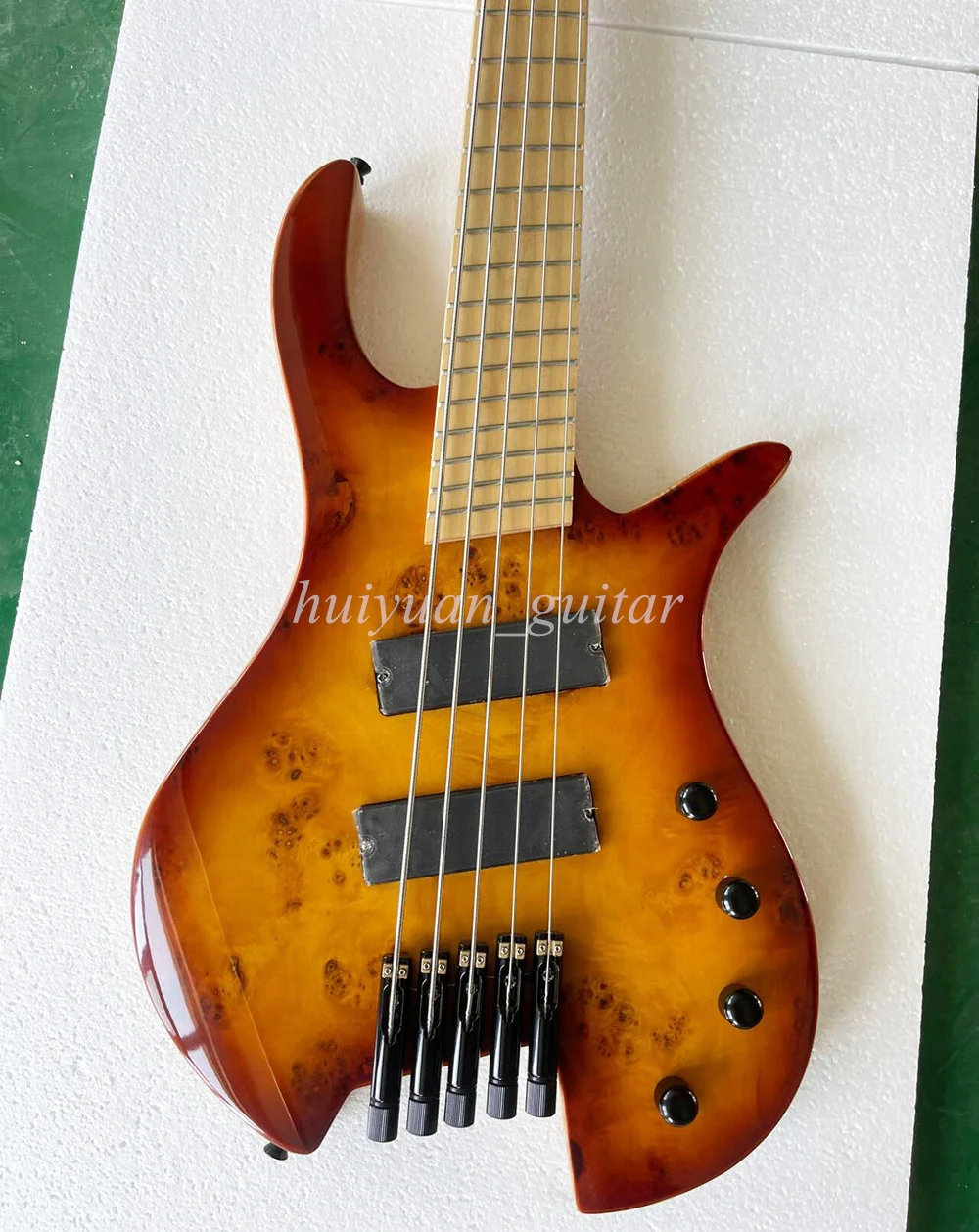 Flyoung 5 Strings Brown Headless Active Electric Bass Guitar with Maple Fretboard Slanted 24 Frets