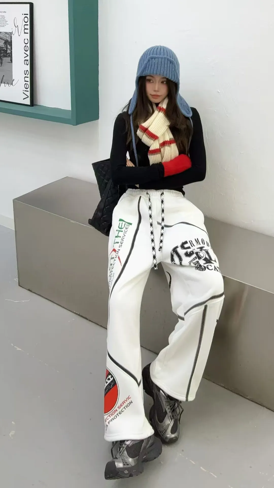 سراويل كبيرة الحجم مطبوعة بحروف عتيقة سراويل نسائية شتوية من الصوف غير رسمية بلوزات على الموضة اليابانية الكورية Vestdios Y2k #3