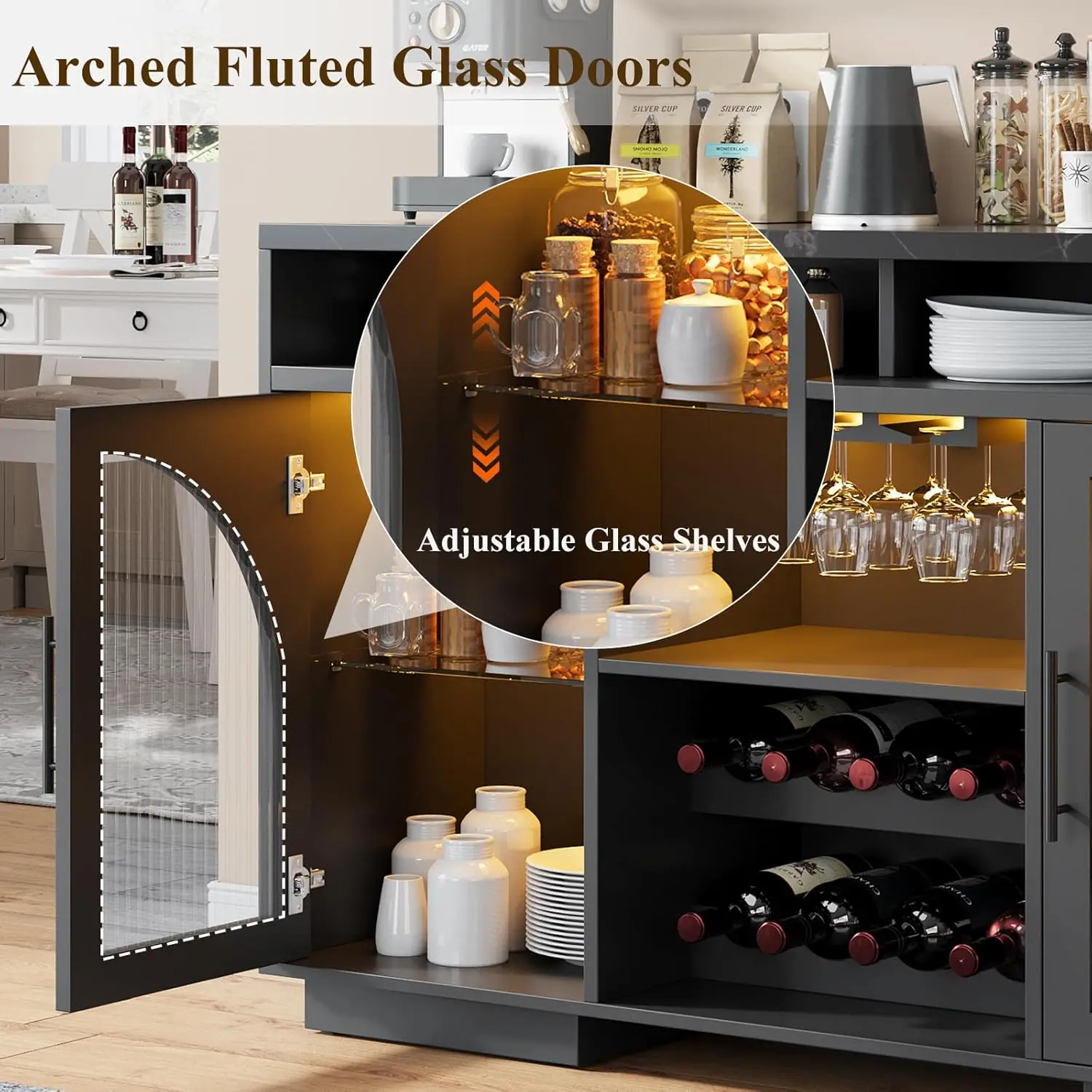 54" LED Kitchen Buffet Cabinet with Arched Glass Doors Adjustable Shelves Wine Rack Dining Storage Black, Customized