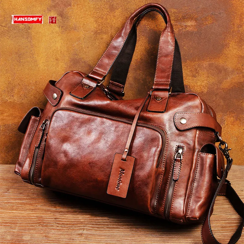 Retro Genuine Leather Men\'s Bag Casual Shoulder Crossbody Bag Handbag Travel Luggage Tote Bag Soft Gym Bags Large Capacity