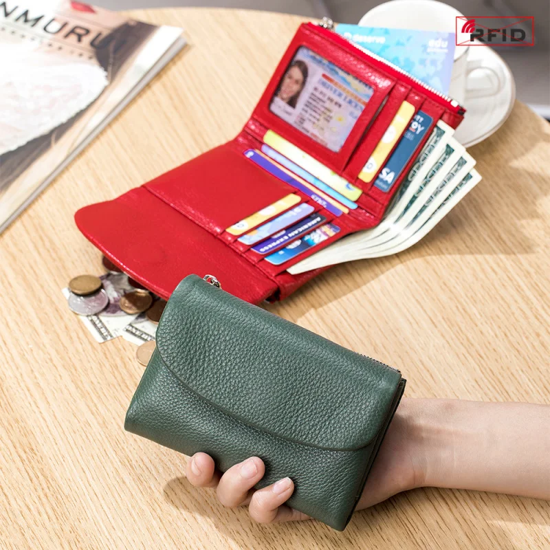 Western RFID Blocking Cowhide Leather Short Women Wallet Large Capacity Card Holder Coin Purse for Ladies