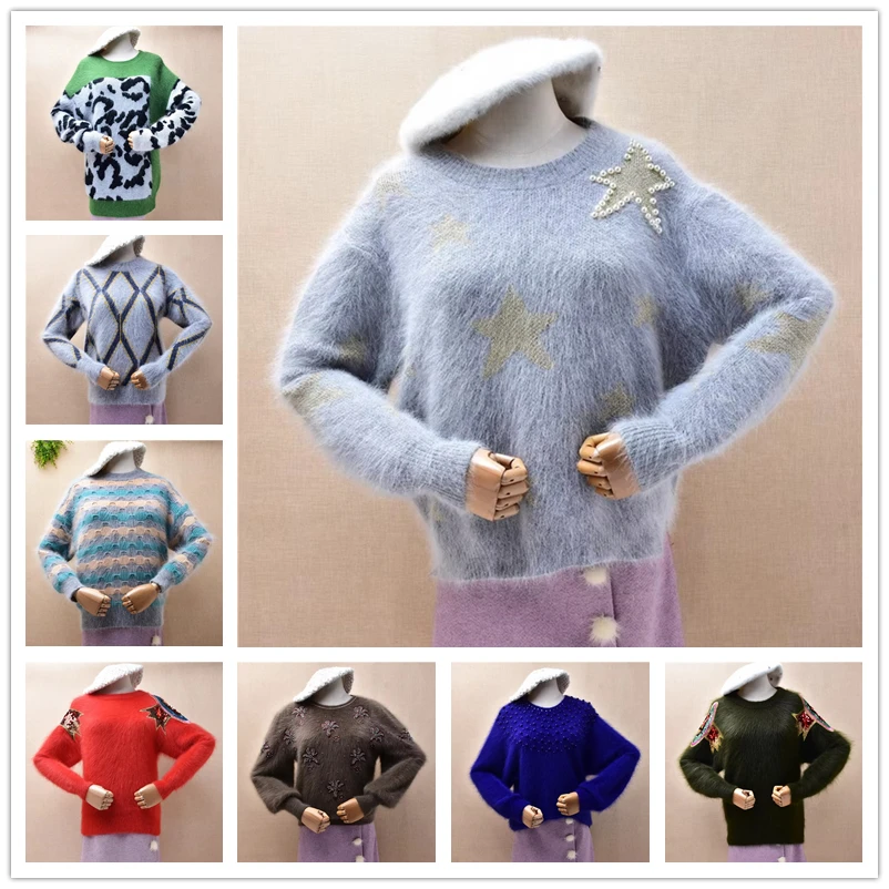 Ladies Women Autumn Winter Clothing Hairy Mink Cashmere Knitted O-Neck Long Flare Sleeves Loose Pullover Sweater Jumper Pull Top