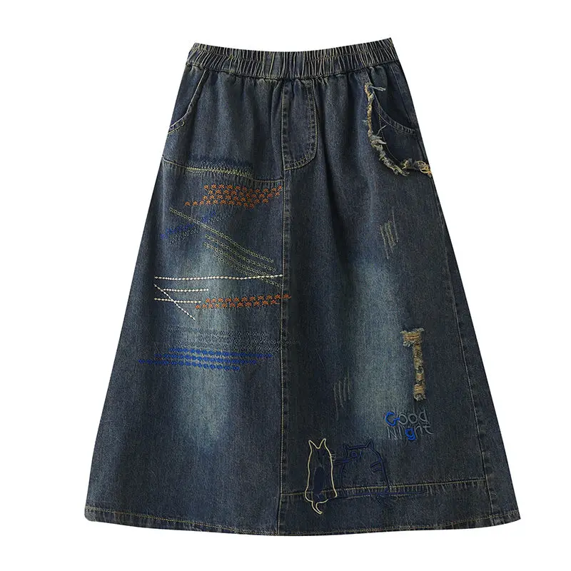 2025 Spring Summer Women\'s Embroidery Washed Denim Skirt Elastic Waist Vintage Jeans Loose Grinding White Hole Midi Saias H849