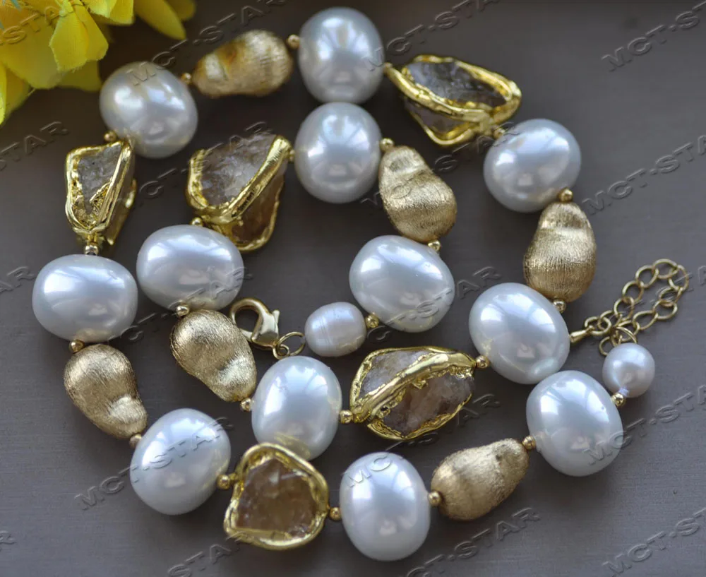 

Z12458 22'' White Egg Shell Pearl Baroque Citrine Gold-Plated Peasecod Necklace