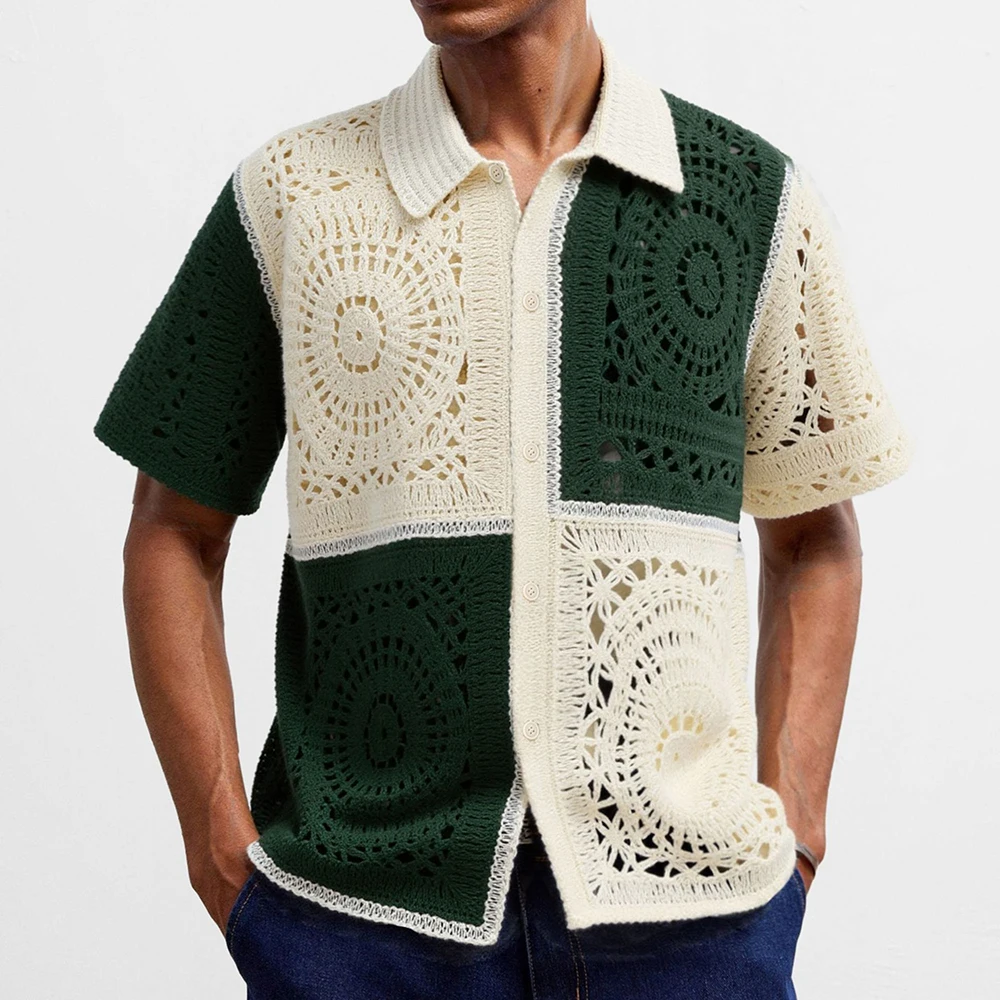 

Summer Men's Hollow Color Matching Short-Sleeved Shirt French Retro Fashion Trend Leisure Loose Breathable Niche New Men's Tops