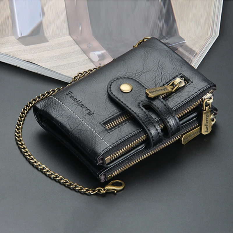 Men Casual Tri-Fold Wallet Fashion Mini Card Holder Cash Wallet with Chain New Design Male Short Key Chain Wallet