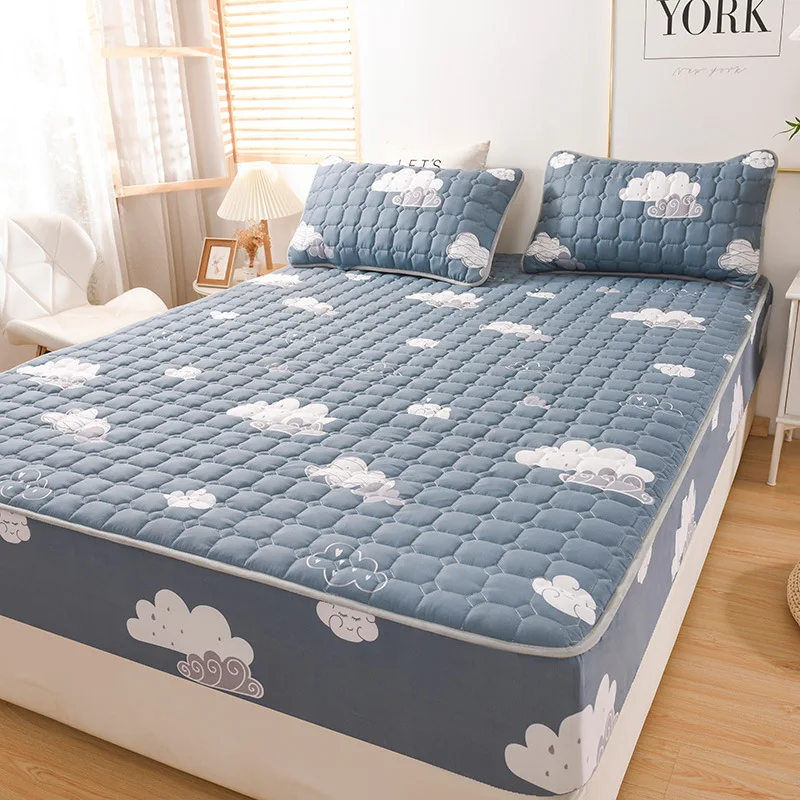 Cartoon Sanded Quilted Fitted Sheet Sets Simple Skin-Friendly Printed Bed Cover and Pillowcase Comfort Elastic Dust Pad for Bed