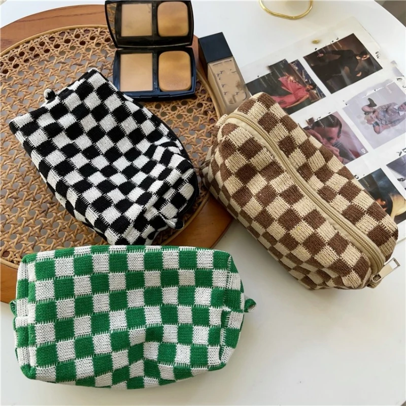 Baumwoll-Kosmetiktasche für Frauen, tragbare Schminktasche mit Karomuster-Design, niedlicher Stiftbeutel, Kosmetik-Organizer für Reisen