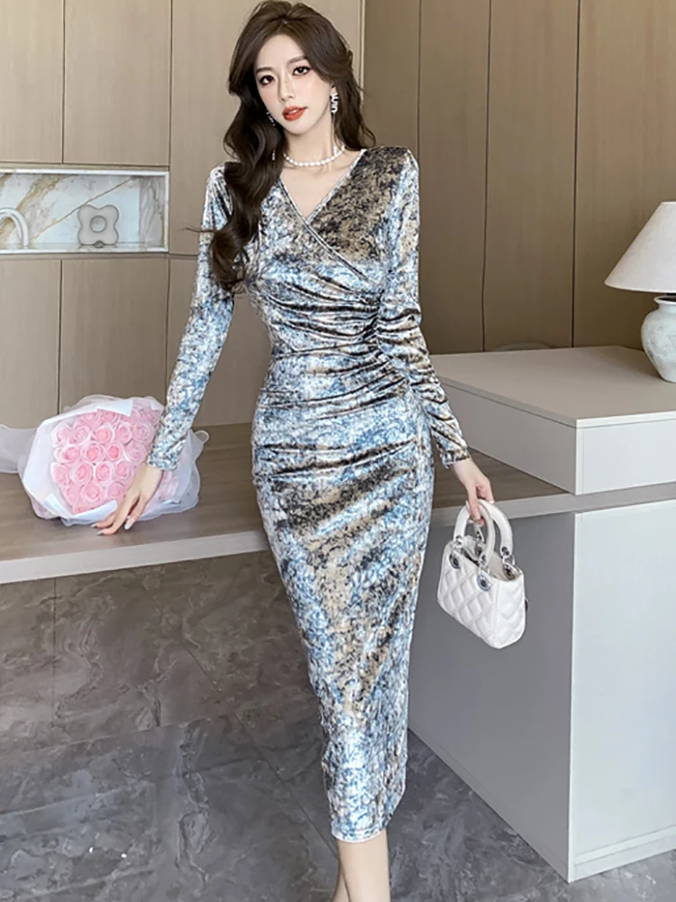 Fashion Print Velvet Long Sleeve V-Neck Long Dress Female Autumn Winter Luxury Elegant Evening Dress 2024 Korean Vintage Dresses