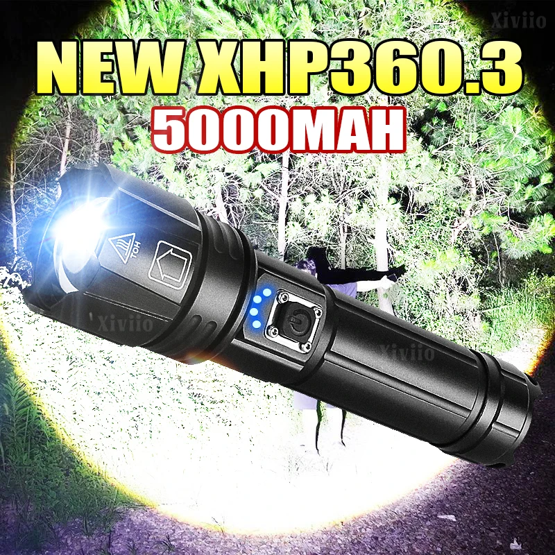 

Powerful XHP360 Torch 5000mah Rechargeable Portable Flash Light Aluminum Alloy Self Defense Tactical Lantern Outdoor Flashlight