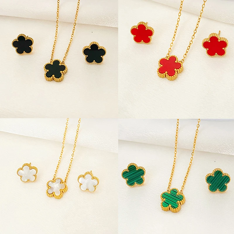 2Pcs Luxury Five Leaf Flower Stainless Steel Pendant Jewelry Set for Women Gift Fashion Trendy Clover Necklace Earring Jewelry