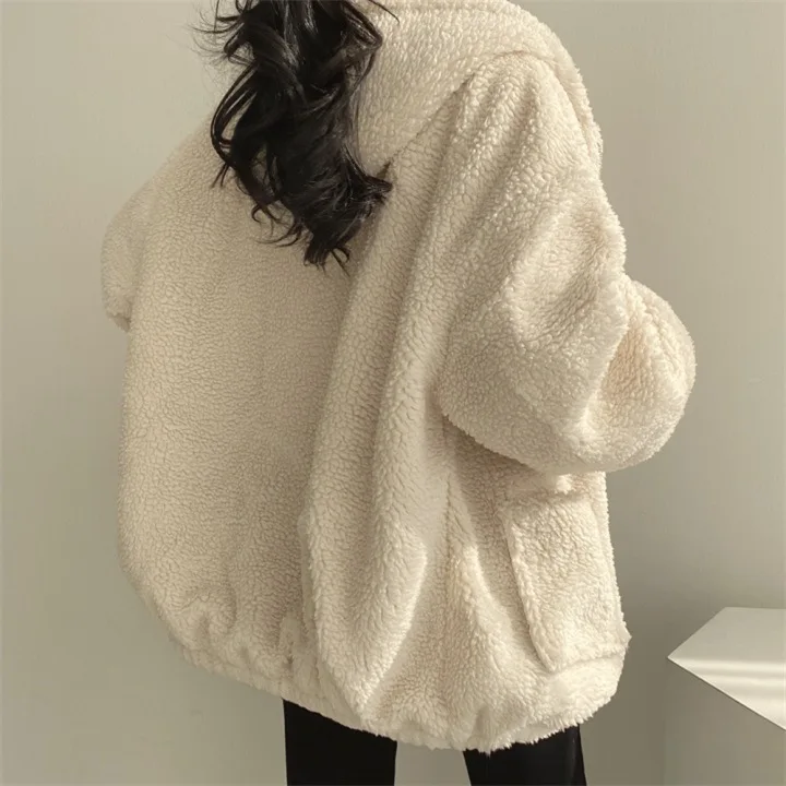 Korean Version Plush Thickened Lamb Wool Cotton Middle length Coat Women\'s Winter Loose Solid Color Zipper Hooded Jacket 2023