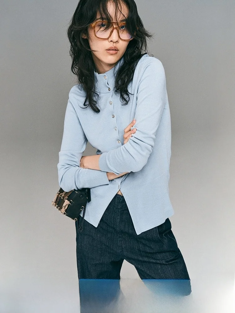 

Модный вязаный свитер с высоким воротом из смесовой пряжи H&M, женский, весенняя новинка, повседневный, стандартный крой, открытый кардиган