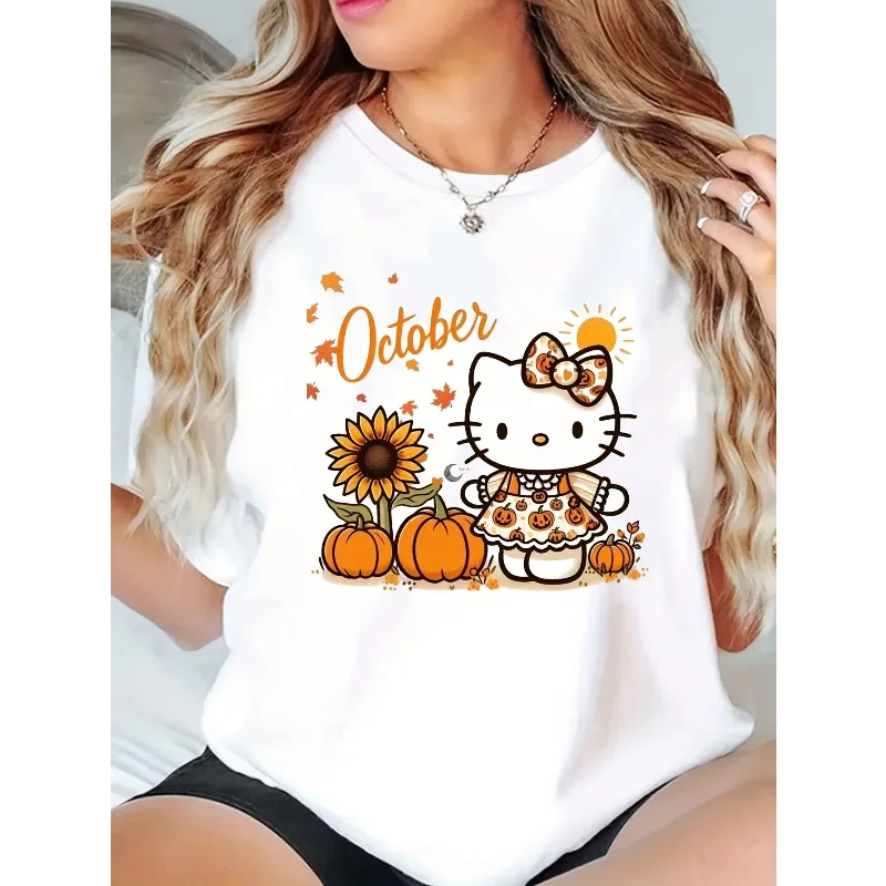 

Женская повседневная хлопковая свободная футболка Sanrio с милым принтом на День Благодарения и круглым вырезом на осенней тему