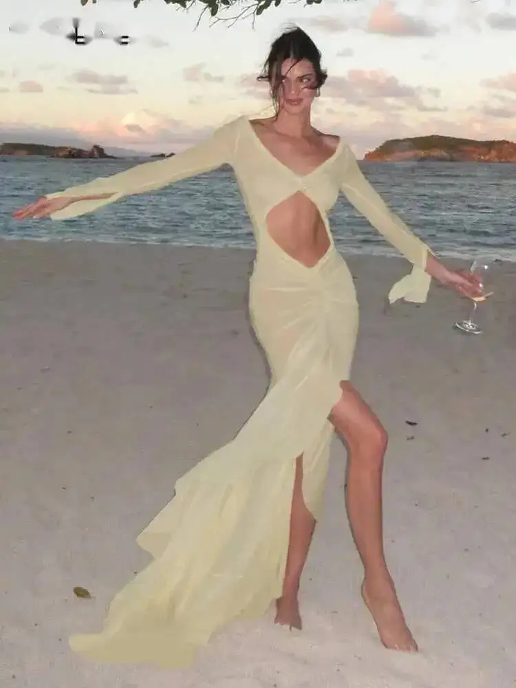 Mesh Concise Dress Women Classic Holiday Style Long Sleeve Cut Out Shirring Asymmetrical Robe Female Elegant Attirewear
