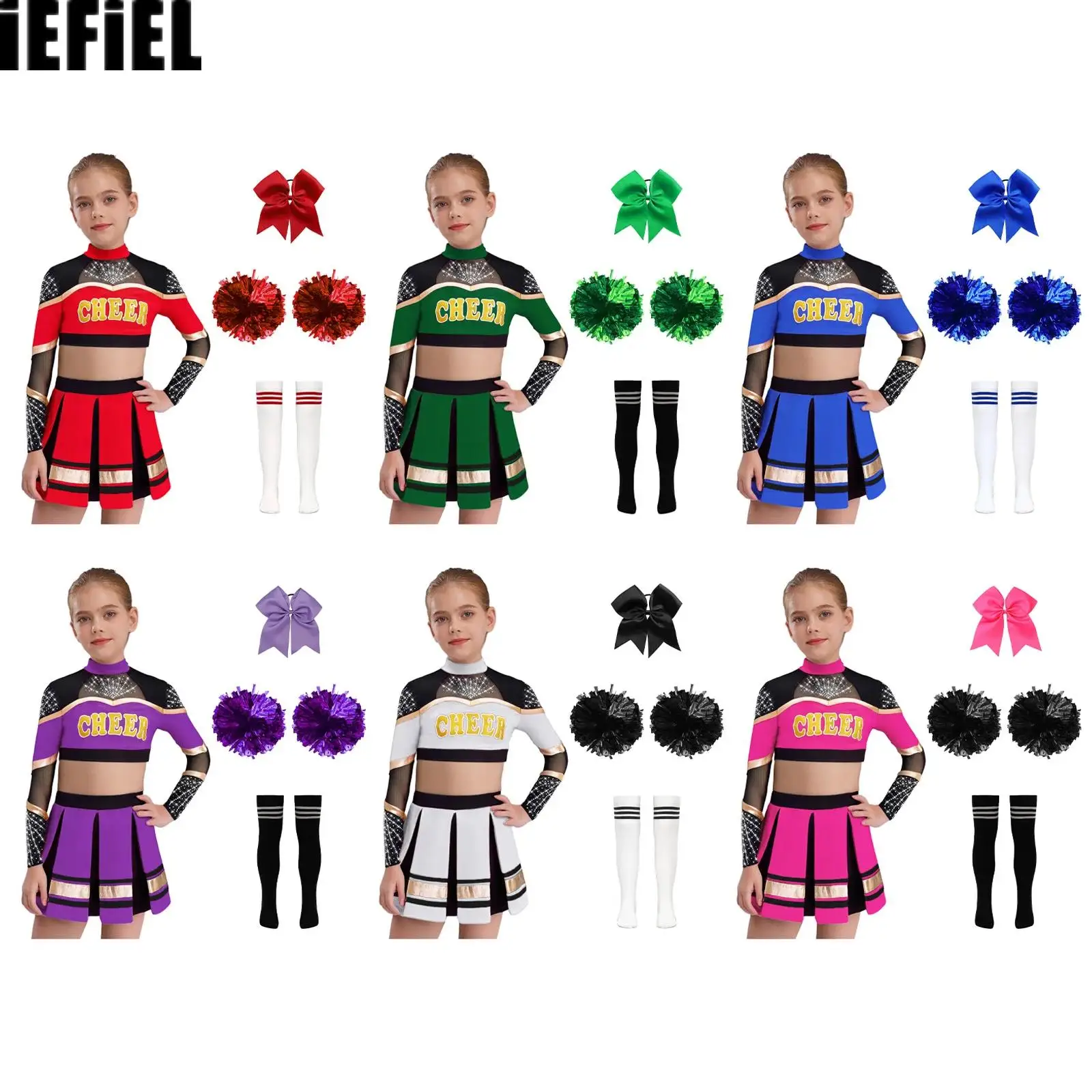 kids-girls-cheerleading-outfits-sheer-mesh-rhinestones-color-block-crop-top-with-pleated-skirt-flower-balls-socks-headwear