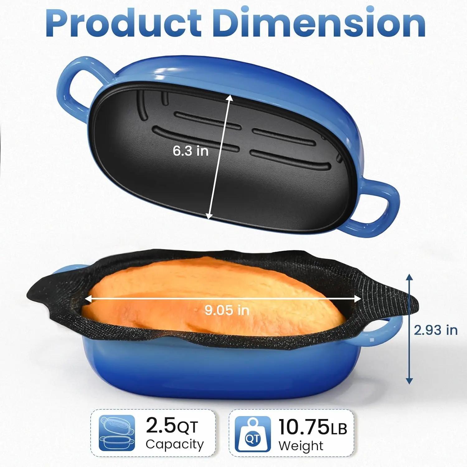 เตาอบขนมปังดัตช์เหล็กหล่อ - เตาอบดัตช์ 2.5QT สําหรับการอบขนมปัง Sourdough, กระทะก้อนขนมปังเหล็กหล่อพร้อม Sil แบบไม่ติดรู