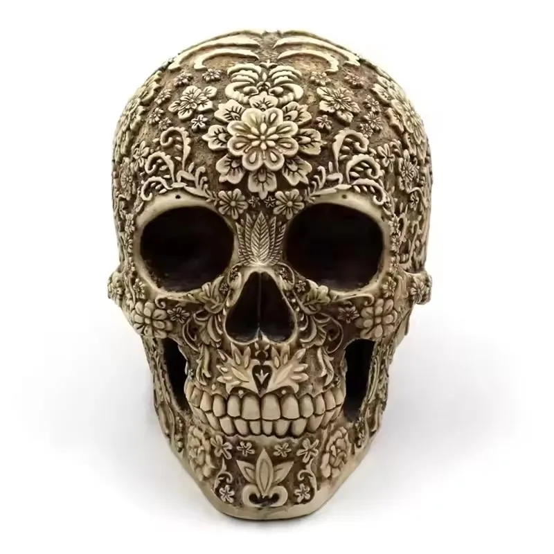 Resin Craft Skull Head Golden Carving Halloween Party Decoration Skull Sculpture Ornaments Home Decoration Accessories