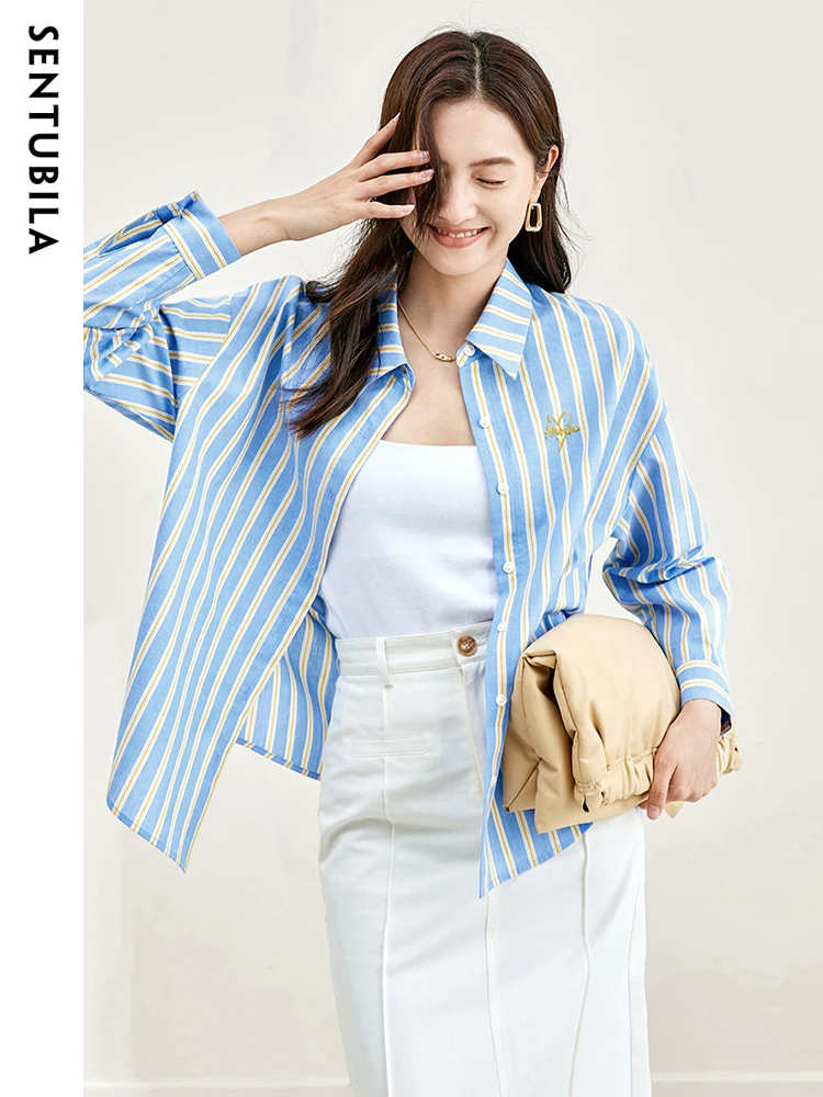 SENTUBILA Contrast Striped Casual Shirts for Women 2024 Autumn Cotton Embroidered Pattern Womens Long Sleeve Tops and Blouses