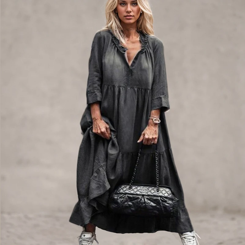 Loose Women'S Dress Casual Cowboy Long Skirt Long Sleeved V-Neck Patchwork Ruffled Edge Folds A-Line Dress Fashion Solid Vestido