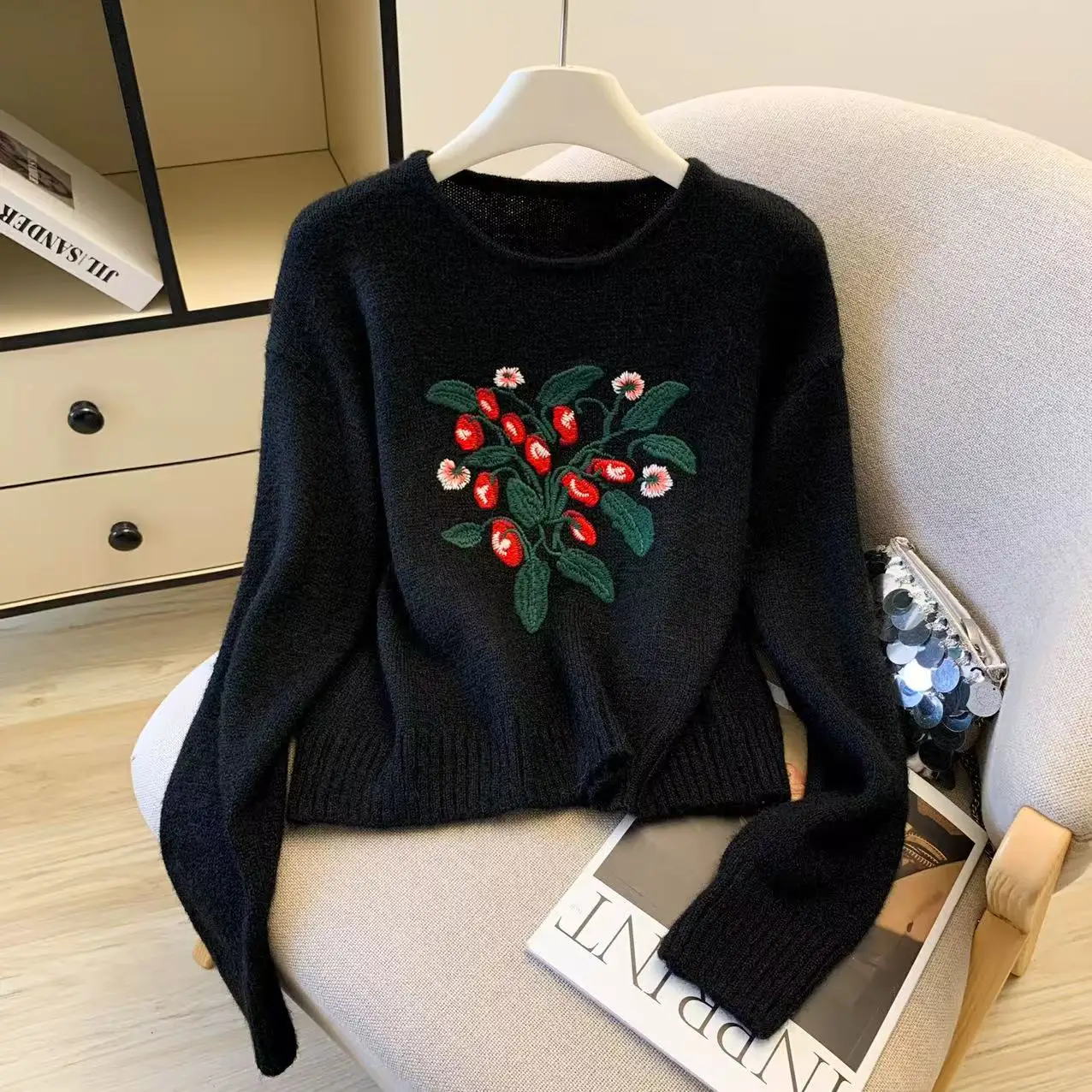 Pullover ricamato gotico nero da donna maglione coreano vintage anni 2000 Y2k maglione lavorato a maglia maniche lunghe maglione con o-collo primavera autunno