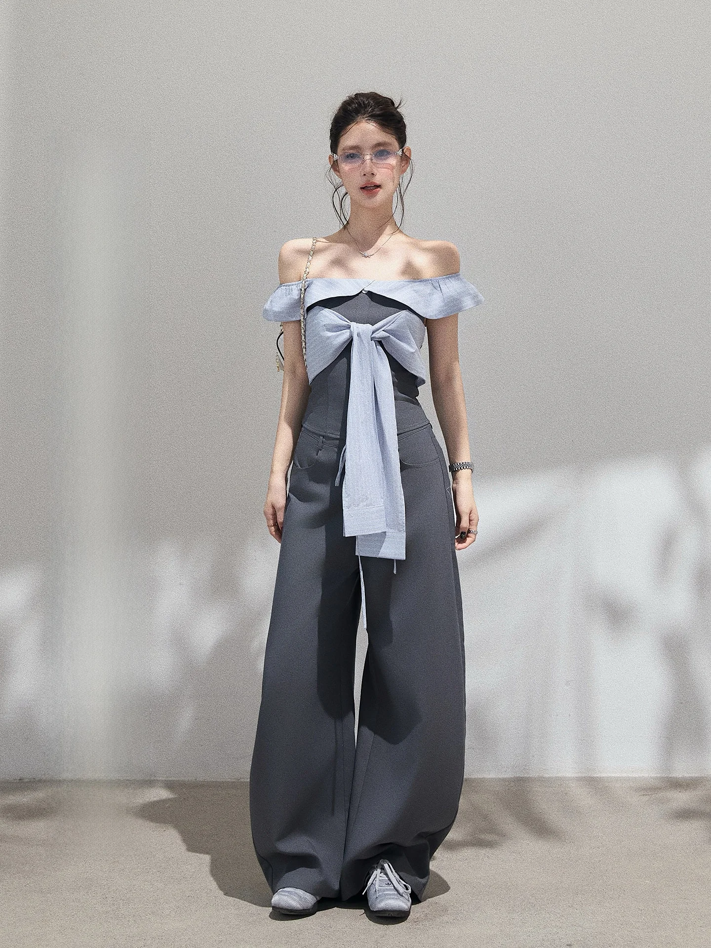High Waist Wide Leg Suit Pants Set Women's Summer Casual Style Trousers And Blouse Ensemble Exquisite Patchwork Design