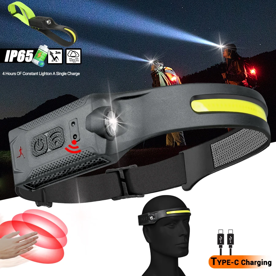 Sensor Headlamp LED Head Flashlight Rechargeable Headlight Head Torch Built-in Battery 5 Lighting Modes Fishing Camping Lantern