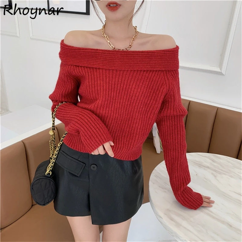 Short Sets Women Slash Neck Stretchy Sexy Cozy Sweater Irregular All-match Bottoms Vintage Popular Elegant Fashion New Autumn