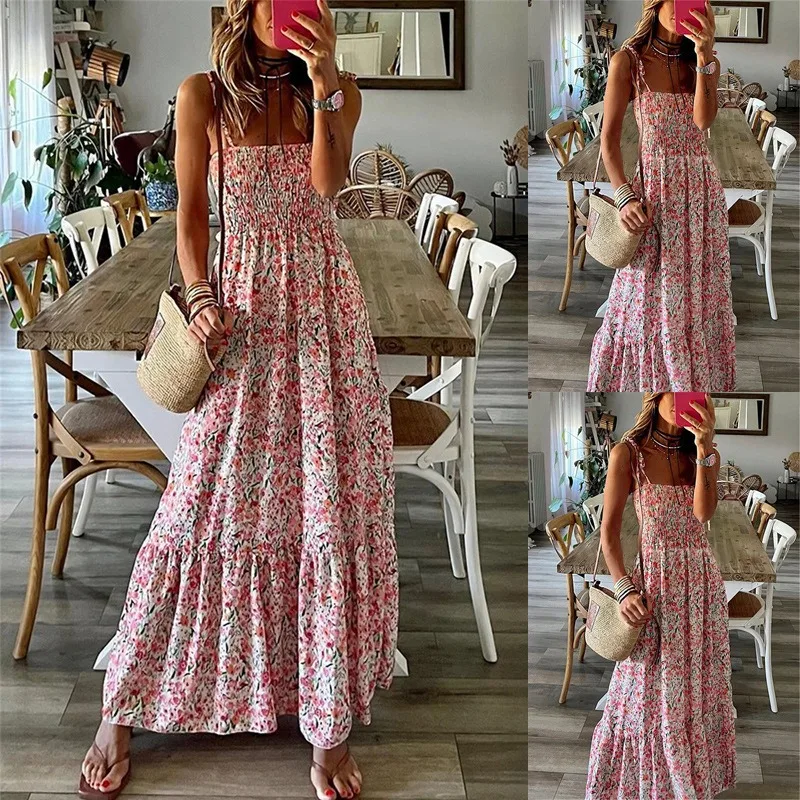

Summer Fashion Sling Maxi Dress Loose Elegant Ruffle A-Line Dress Casual Floral Printed Women Backless Beach Dresses Midi Dress