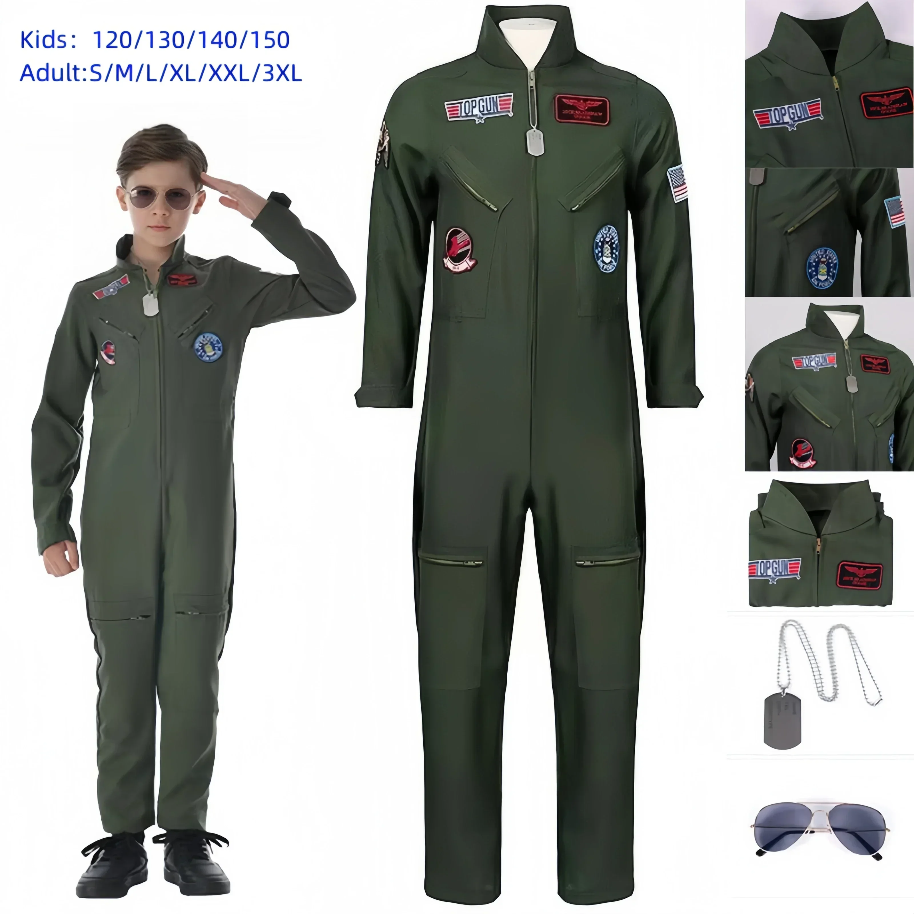 

Macacão traje Piloto для взрослых и детей, костюм для полета Top Gun, ролевая игра, аксессуары для ролевых игр, зеленый для ex Baileito