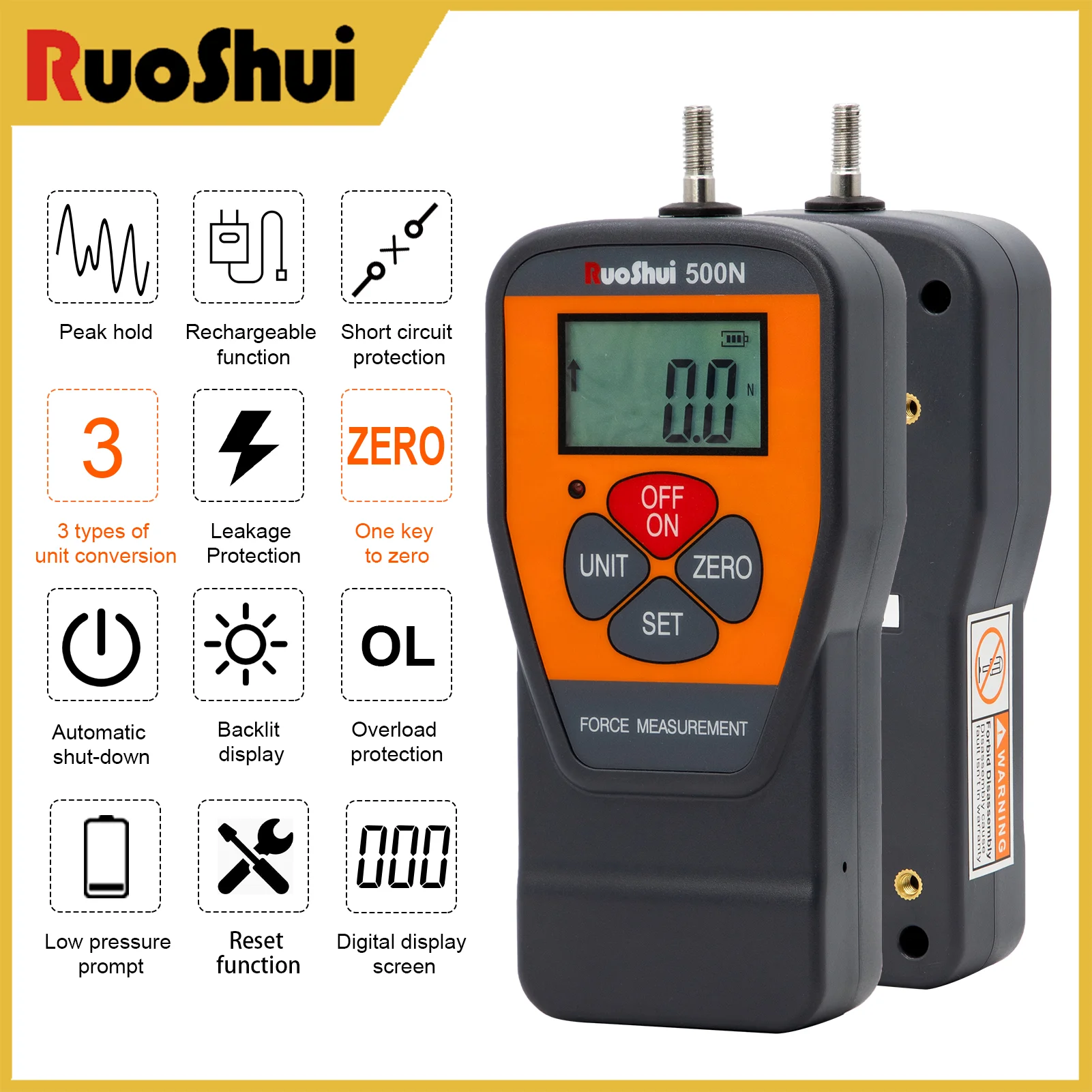 

RuoShui 10N-500N Professional Force Gauge With N/Kg/Lb Units High Precision Push-Pull Tester Digital Tension/Compression Meter