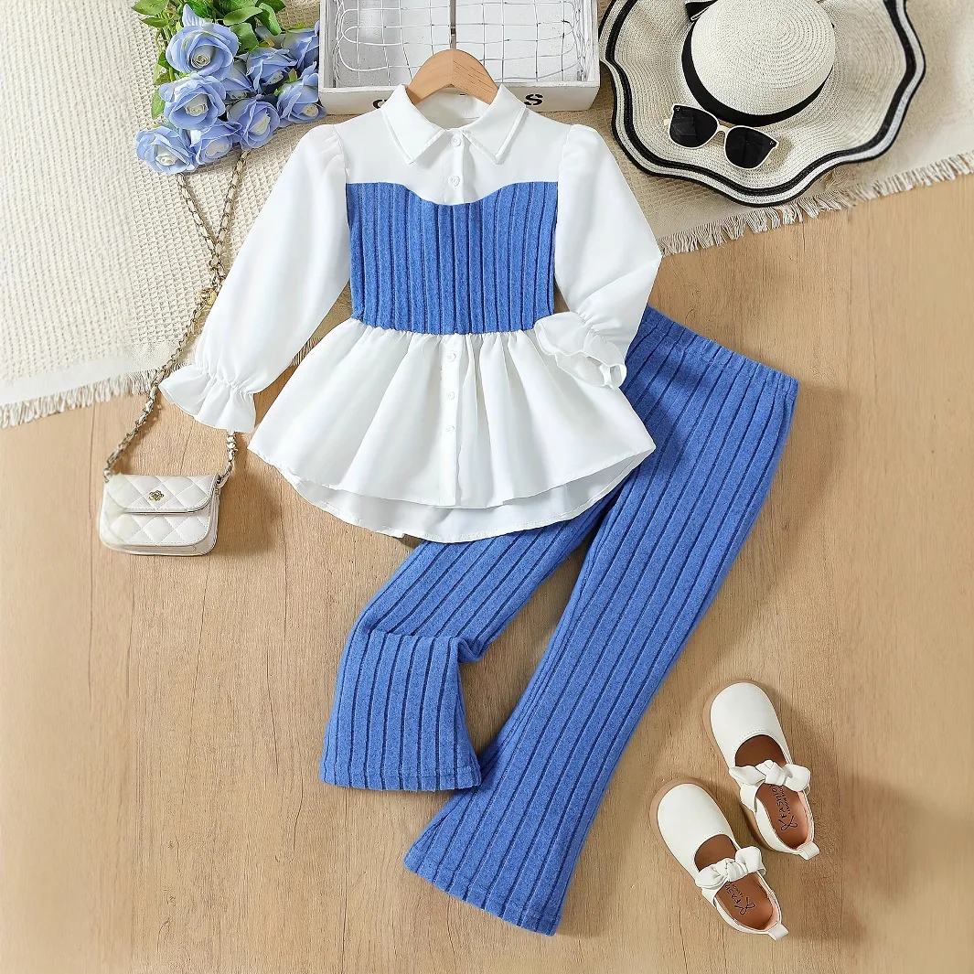 New Spring Autumn Girls Clothing Set Splicing Style Lapel Full Sleeve Shirt+Pants 2Pcs Outfit For Kids Children Birthday Present