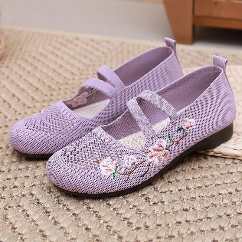 lilac summer flats mom strapped shoes women\'s spring embroidered flower loafers ladies mary jane flat shoes ethnic ballet flats