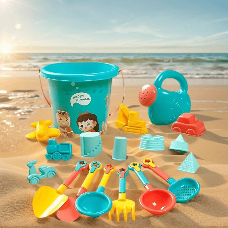 18 ชิ้น/เซ็ตถังพลาสติก,รถนาฬิกาทราย,ถังชายหาด,เครื่องมือเล่นทราย,ของเล่นกลางแจ้งชายหาดฤดูร้อน,เกมแบบโต้ตอบสําหรับผู้เล่นหลายคน