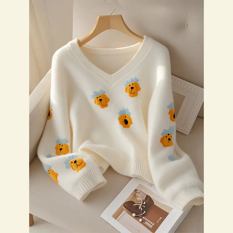

Loose Long Sve V-Ne Knitted Dog Cartoon Sweatirt Outerwear Fufu White Lazy Sle Korean Faion Women's Sweater Coat