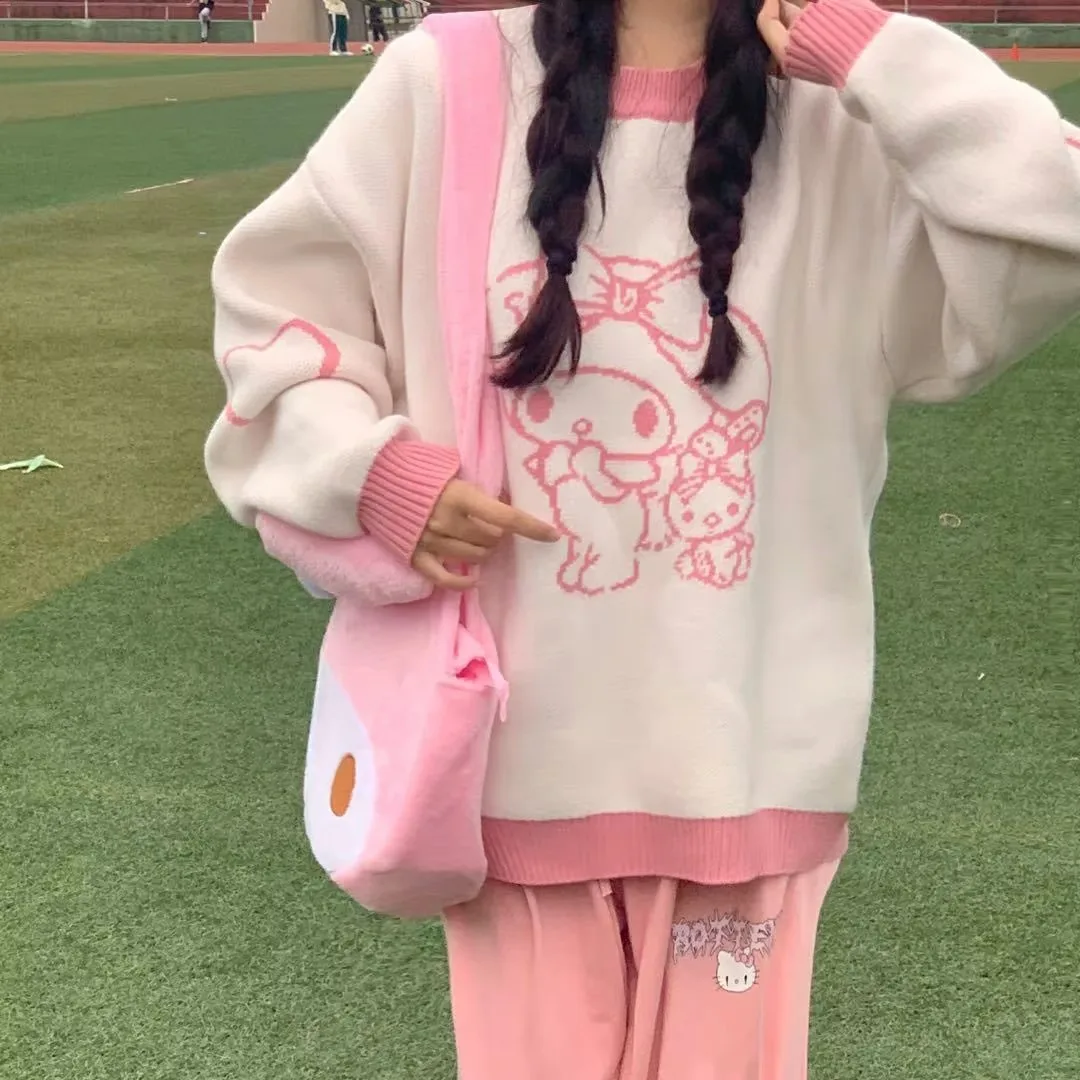 

Kawaii женский свитер Kuromi аниме Sanrio осень-зима японский консервативный вязаный свитер с длинными рукавами свободные топы большого размера с круглым вырезом сладкий
