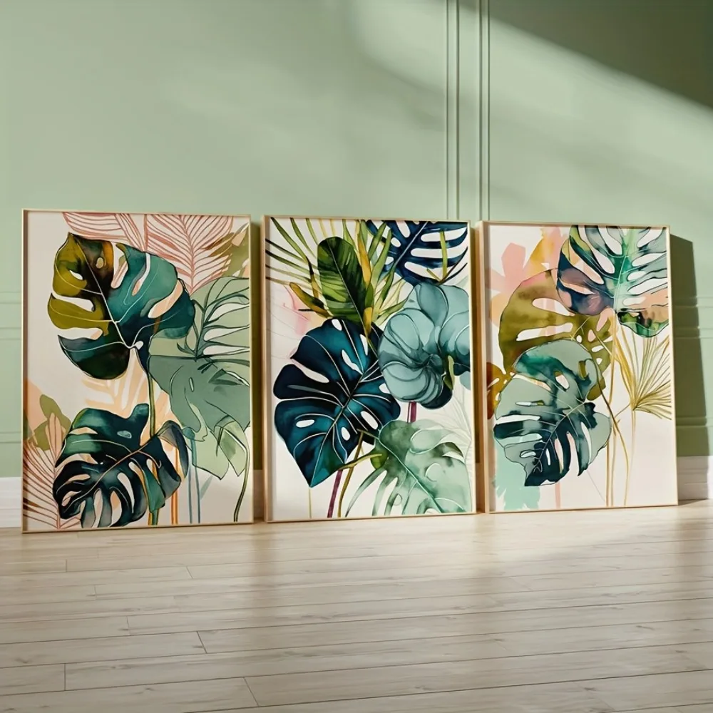 3pcs Frameless Tropical Plant Wall,Watercolor Green Palm Leaf Printing,Plant Gallery Modern Decor,Canvas Art Living Room Decor