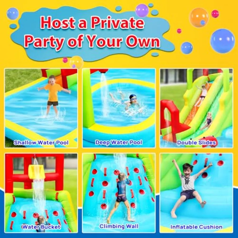 Nadmuchiwany park wodny z zjeżdżalnią, zamkiem dmuchanym i głębokim basenem, 191 x 157,5 x 100 cali, z dmucharką.