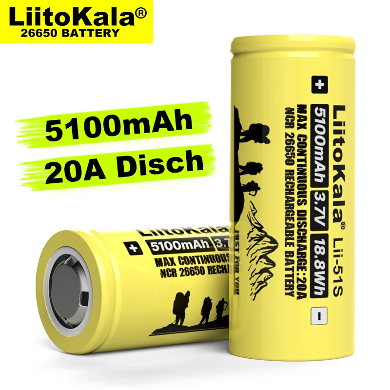 1-10PCS Liitokala LII-51S 26650 20A power rechargeable lithium battery 26650A , 3.7V 5100mA . Suitable for flashlight