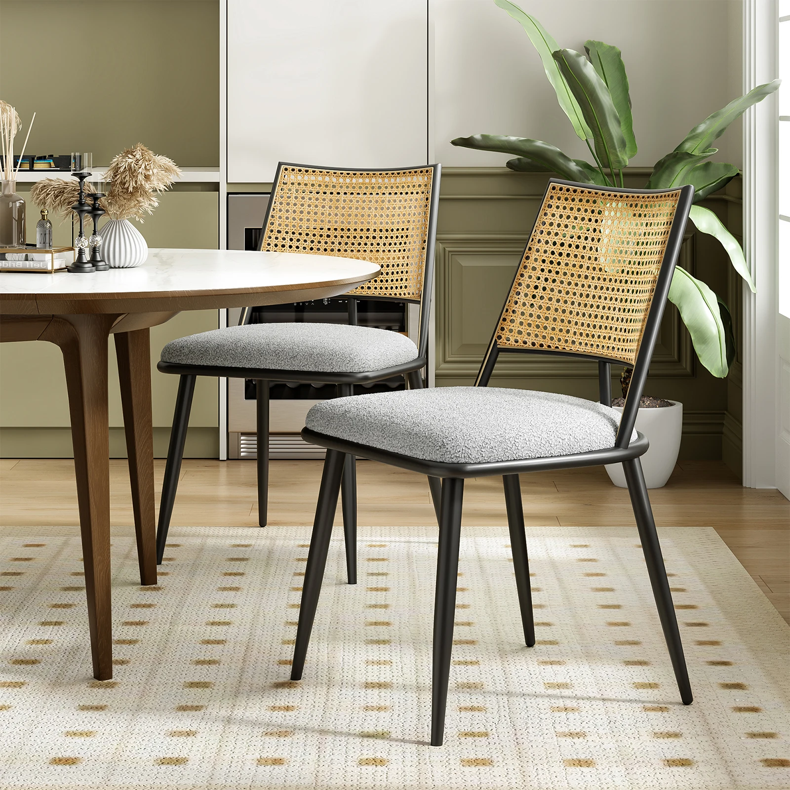 Farini Set of 2 Modern Rattan Dining Chairs, Upholstered Seat & Black Steel Frame, Ideal for Kitchen, Dining Room