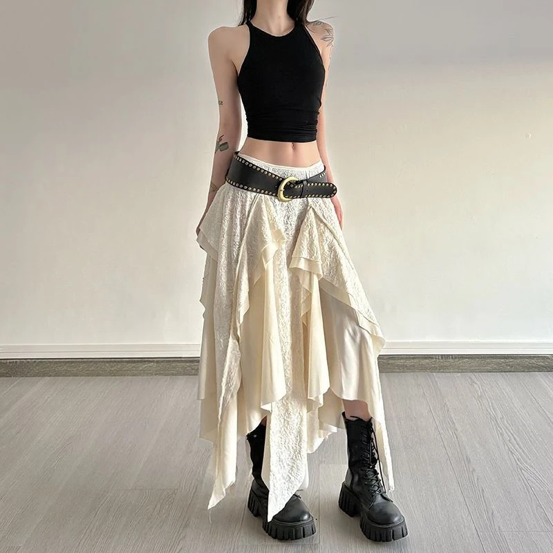 

Винтажная драпированная женская макси-юбка, юбка в стиле отходов почвы Y2k, женская одежда, нерегулярная кружевная вставка, одежда в стиле панк-рок, юбка