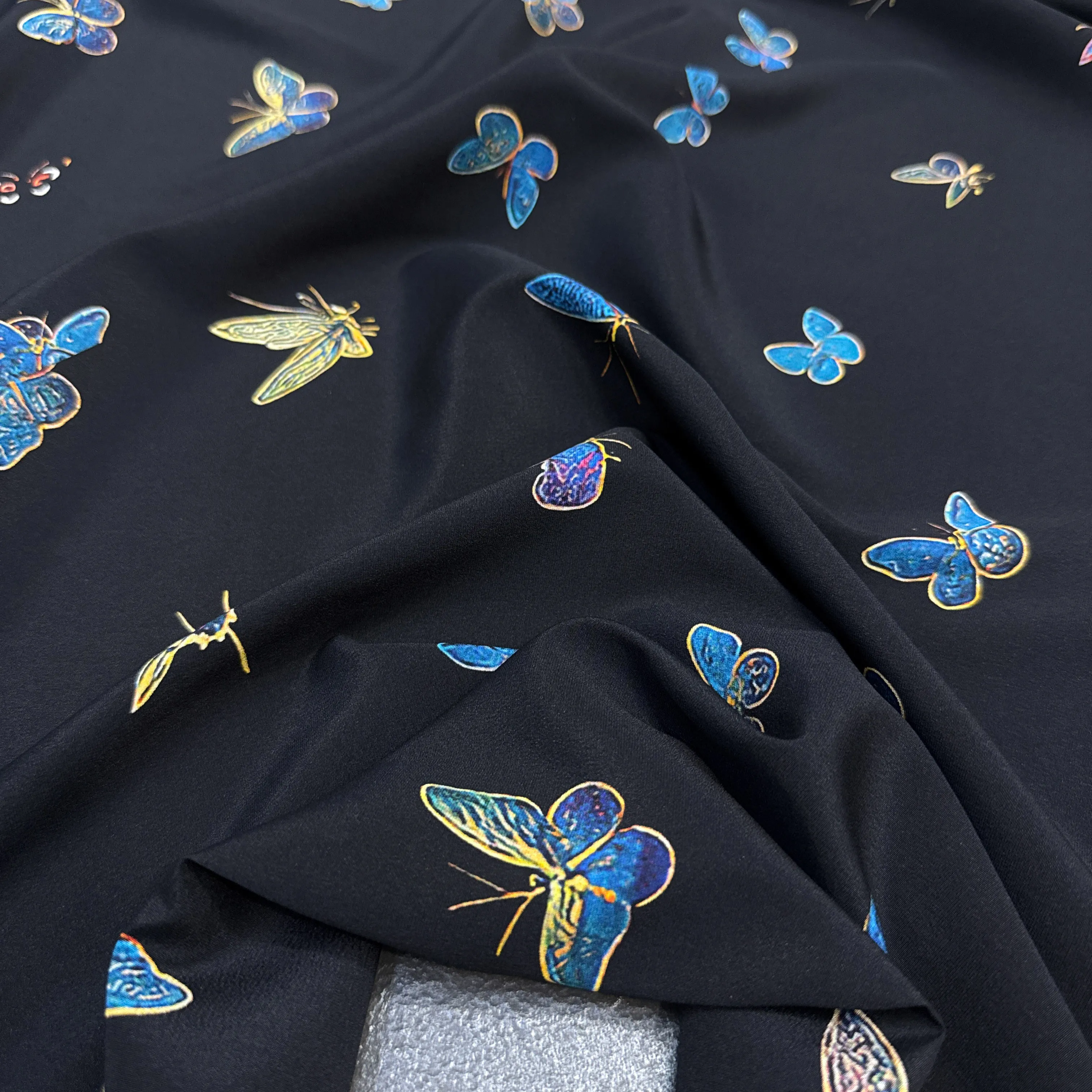 Blue Butterfly Printed Stretch Black Silk Crepe de Chine Fabric for DIY Sewing Summer Dress Pajamas Soft Silk Fabric FR7056
