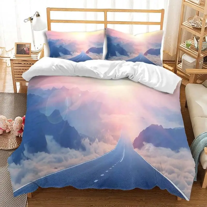 Highway Duvet Cover Natural Scenery Bedding Set Twin Queen Microfiber Sunset Beautiful Highway Comforter Cover for Girls Teens