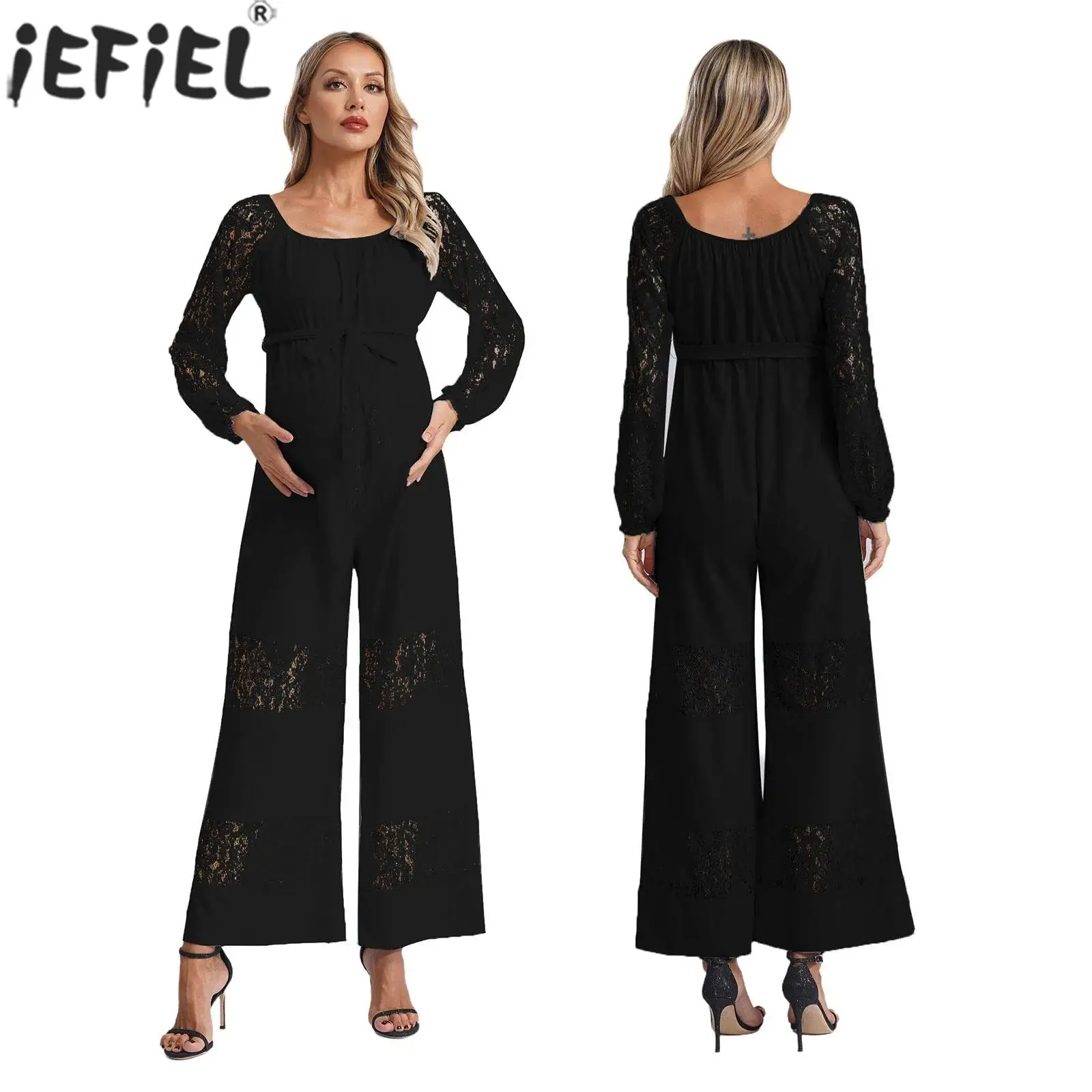 

Maternity Long Sleeve Elegant Cutout Lace Loose Wide Leg Jumpsuit with Belt Wedding Party Prom Photography Vacation Bodysuit