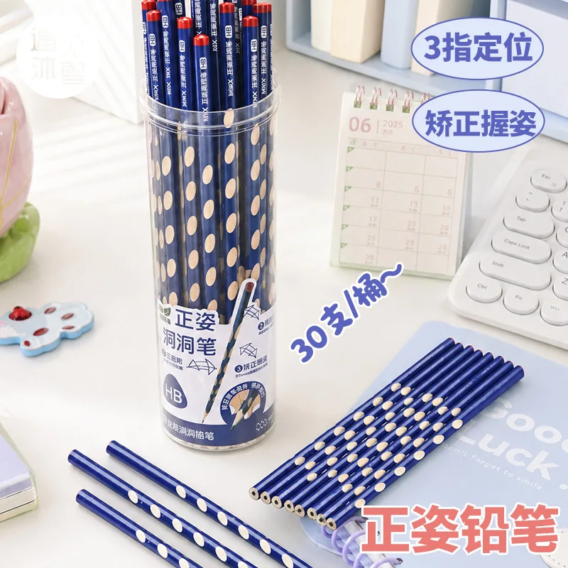 30pcs Special Pencil for Primary School Students Non-toxic Triangle Rod Bold Correction Grip Hb Hole  Pencil for Kids Pencil Set