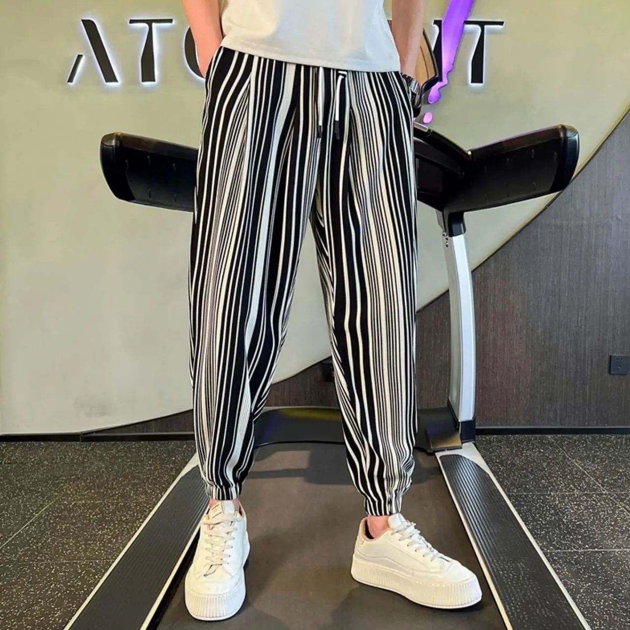 الصيف مخطط فضفاض الرجال عادية سراويلي حريمي خمر طويل Y2k الجمالية Harajuku موضة بيع الاتجاه Xxxl الذكور اقتصاص بنطلون #2