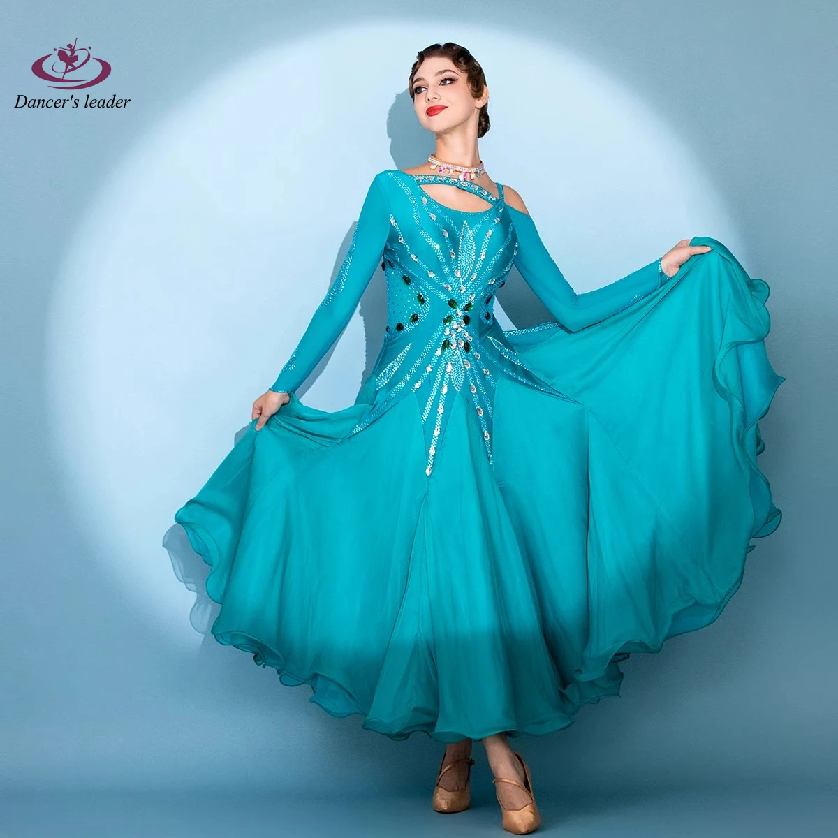 

Latin Dance Diamond Female Adult Children High end Customized Blues Mesh Big Skirt Waltz Performance High Flash Dress